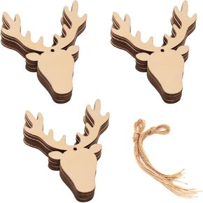 Honbay 30PCS Deer Head Wooden Hanging Ornaments Reindeer Head Unfinished Blank Wood Pieces Wood Slices Wood Chips Embellishments Wooden Gift Tags for Halloween Thanksgiving Christmas Tree - with Twine