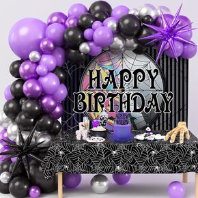Winrayk Purple and Black Birthday Party Decorations Supplies for Girls Kids with Starburst Balloon Garland Arch Kit Birthday Backdrop Spider Web Tablecloth Halloween Black Purple Birthday Decorations