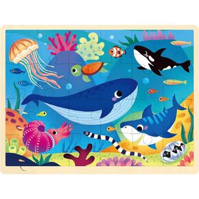24 Piece Puzzles for Kids Ages 3-5, Unique Shape Jigsaw Pieces Ocean Animal, Wooden Jigsaw Puzzle for 3 4 5 Year Old, Preschool Toddler Puzzle with Storage Tray
