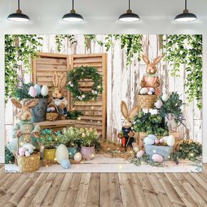 7x5ft Polyester Spring Easter Backdrop Rustic White Wooden Wall Colorful Eggs Rabbit Photography Background for Birthday Baby Shower Party Decor Portrait Banner Photo Booth Studio Props