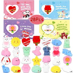 Valentines Day Gifts Toys for Kids - 28 Packs Valentines Cards with Mochi Squishies Toys, Valentines Gift Exchange School Classroom Prize Rewards Party Favors Toys