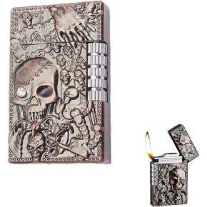 Cool Engraved Skull Lighter, Creative Grinding Wheel Butane Lighter, Soft Flame Lighter, Jet Torch Lighter, Adjustable Inflatable, Retro Antique Lighter, Men's Gift (No Gas) - Black Gray