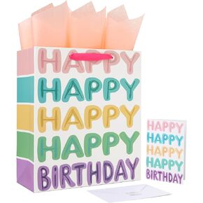 13" Large Colorful Gift Bag Set with Greeting Card and Tissue Papers (Happy Happy Happy Happy Birthday) for Girls' Birthday Party, Women's Birthday Parties, Baby Shower, Baby Girl - 10.2"x5.2"x13", 1