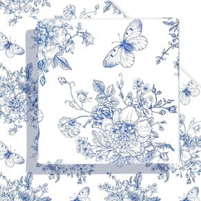 12 Sheets 28 * 20 Inches Blue Floral Wrapping Paper Blue White Vintage Flowers Butterfly Printed Gift Wrap Paper Chinoiserie Art Paper for Birthday Wedding Bridal Shower Tea Party DIY Craft