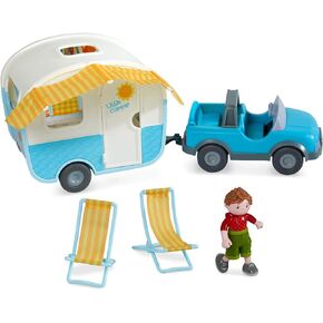 HABA Little Friends Vacation Camper Play Set with Momentum Motor Vehicle, Lawn Chairs and Exclusive Boy Noah Figure