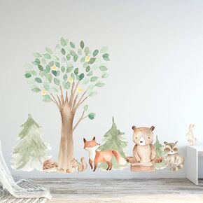 InnovativeStencils Woodland Watercolor Wall Decal Oak Pine Tree Animal Creatures - Bear, Fox, Raccoon, Rabbit, Squirrel, Porcupine Fabric Nursery Decals #3061 (84" Tall Tree (Including Leaves))