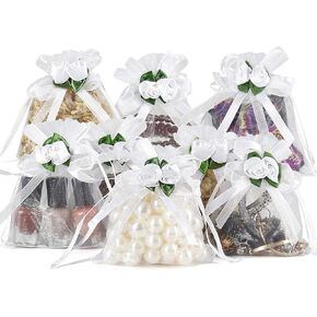 HRX حزمة أكياس الأورجانزا البيضاء الوردية 50 قطعة، 4 × 4.7 بوصة صغيرة شبكية برباط حقائب هدايا حقائب مجوهرات لحفلات الزفاف لصالح حلوى عيد الميلاد in Kuwait