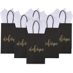 DjinnGlory 50 Pack Medium Black Welcome Paper Gift Bags with Handles and 50-Sheet White Tissue Paper for Wedding Hotel Guests Engagement Bridal Shower Birthday Party Favors (10''x8''x4'')