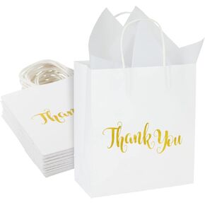 Juvale 15 Pack White Thank You Paper Gift Bags with Handles, Tissue Paper for Wedding, Baby Shower, Birthday Party Favors (8 x 4 x 8.8 In)