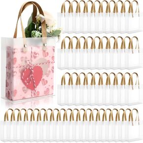 Qilery 50 Pcs Small Clear Gift Bags with Handles, 5.9 x 5.1 x 2.36 Inches Plastic Frosted Bags Reusable Transparent Goodie Bags Gift Wrap Bags for Wedding Boutique Event Birthday Party Favors