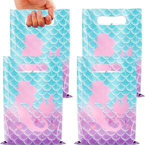 50 Pieces Mermaid Birthday Party Gift Bags,Plastic Mermaid Printed Goodie Bags with Handles Mermaid Candy Party Favor Bags for Kids Girls Under The Sea Theme Birthday Party Supplies and Decorations