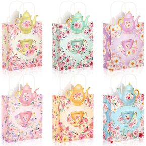 Lincia 24 Pack Tea Party Gift Bags Tea Party Decorations Floral Teapot Goodie Treat Bags with Handles for Birthday Goody Bags Wedding Events Party Favors Supplies
