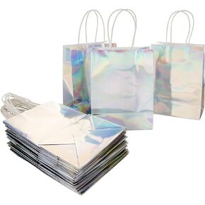 Andaz Press Iridescent Party Bags with Handles, 5.75 x 7.75 inches, 25 Pack Holographic Party Favor Bags, Silver Holographic Gift Bags, Treat Bags, Favor Bags, Favor Gifts for Guests, Thank You Bags