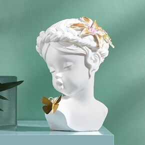 awnr الأبيض رئيس النحت فتاة التماثيل خمر مع الزنابق الوردي والفراشة الذهبية الراتنج تمثال الذهب ديكور المقتنيات الجمالية ديكور المنزل الفريد لرف طاولة القهوة للفتيات in Kuwait