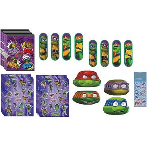 Unique Teenage Mutant Ninja Turtles TMNT Birthday Party Bundle includes 8 Favor Loot Bags, 8 Party Paper Masks, 8 Stickers Sheets, 8 Mini Skateboards, 1 Dinosaur Sticker Sheet