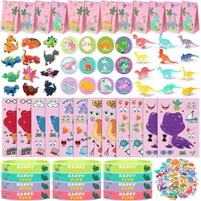 Junkin 122 Pcs Dinosaur Party Supplies Girl Dinosaur Birthday Party Favors Pink, Goodie Bags Make a Dinosaur Stickers Glow in Dark Mini Dinosaur Toys Badge Dino Stickers Bracelet Rings