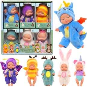 ENOCHT 6 Pcs 4 Inch Mini Small Baby Dolls Toys Set Realistic Baby Dolls Reborn Tiny Babies with Animal Clothes Gifts for Girls Boys Birthday Christmas