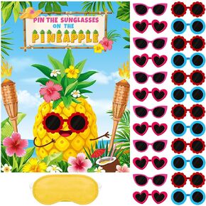 Hawaiian Luau Party Game Pin The Sunglasses on The Pineapple Party Game Hawaii Tropical Party Supplies with 24 Pcs Sunglasses Sticker for Boy Girl Hawaiian Summer Beach Birthday Tiki Party
