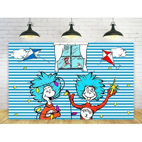 Blue Stripes Backdrop Party Supplies Dr Seuss Birthday Theme Photo Background Cat in The Hat Banner for Birthday Party Caketable Decoration 5x3ft
