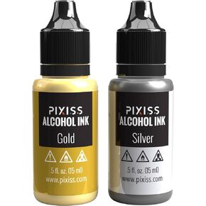 مجموعة حبر الكحول المعدني من Pixiss - خلطات حبر الكحول المعدني الفضي والذهبي، صبغ راتنج كحول معدني 5 أونصة، أحبار كحول لراتنج الإيبوكسي، خليط معدني لأكواب يوبو والبهلوان