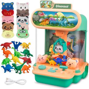 Claw Machine for Kids, Dinosaur Vending Toy for Boys, Mini Candy Grabber Prize Dispenser with Sound, 12 Dinosaur Figures 10 Mini Plush Toys, Electronic Arcade Game for Home Party Easter Birthday Gifts