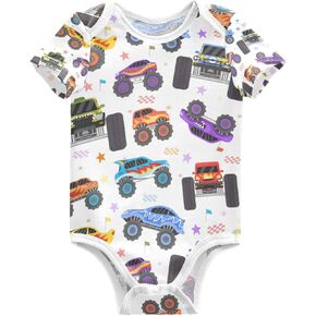 Pigsaly Cute Monster Trucks Unisex Baby Bodysuits Race Car Newborn Short Sleeve Summer Jumpsuit Boy Girl 3M