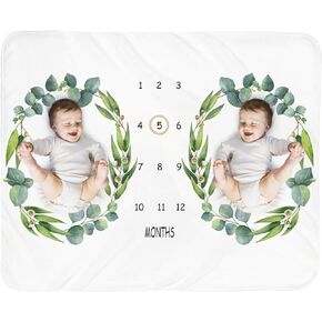 Baby Monthly Milestone Blanket Twins - Newborn Month Blanket Unisex Neutral Personalized Shower Gift Leaf Nursery Decor Photography Background Prop with Wooden Wreath Large 51''x40''