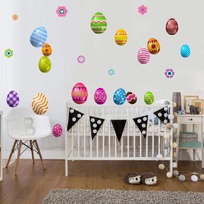 IARTTOP Lovely Easter Bunny Wall Decal, Adorable Rabbit Expression Wall Sticker for Nursery Kids Room Decor, Colorful Eggs Flower Stickers Easter Party Supplies