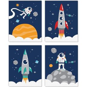 Big Dot of Happiness Blast Off to Outer Space - Unframed Rocket Ship Nursery and Kids Room Linen Paper Wall Art - Set of 4 - Artisms - 8 x 10 inches
