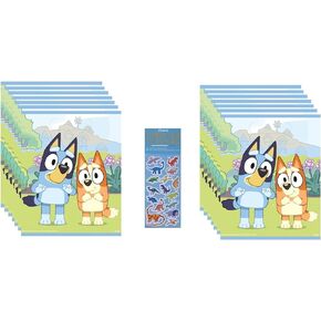 Bluey Dog Birthday Party Supplies Bundle includes 16 Plastic Party Favor Loot Bags and 1 Dinosaur Sticker Sheet