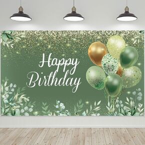 WovWeave Sage Green Happy Birthday Decoration Greenery Eucalyptus Gold Sparkle Sequins Backdrop Banner Gold Balloon Birthday Party Photography Background for Baby Shower Birthday Photo Shoot Prop