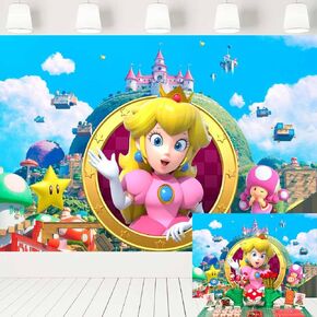 Princess Peach Party Backdrop Decorations White Clouds Blue Sky Movie Theme Background Video Game Banner for Cake Table 7x5 ft 497