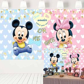ERIC Mickey or Minnie Gender Reveal Decorations Backdrop Blue Pink Background with Golden He or She Bow Tie or Bow Theme Banner for Baby Shower 357