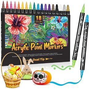 AKARUED Acrylic Markers Paint Pens Dual Tip: 18 Colors Acrylic Paint Marker with Round Tip and Brush Tip for Kids, Acrylic Paint Pen for Wood, Rock Painting, Easter Egg, Glass, Ceramic, Stone, Paper