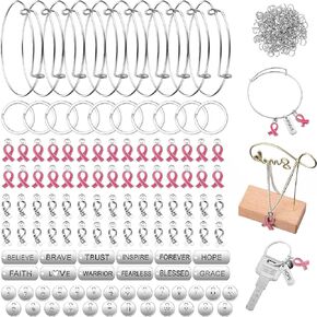 Hicarer 318 Pieces Breast Cancer Awareness Ribbon Pendant Set Pink Silver Ribbon Charm, Round Letter Charm, Inspirational Pendants Expandable Bracelet, Keychains, Open Jump Rings for Jewelry Making