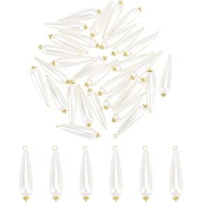 PH PandaHall 80pcs Long Teardrop Pearl Charms, 1.3 x 0.3 Inch Acrylic Pearl Pendants White Drop Craft Pearl Beads with Golden Flower Daisy Spacer Beads for Dangle Earrings Necklace Jewelry Making
