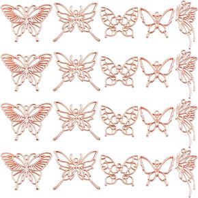 20pcs Rose Golden Butterfly Shape Open Back Bezel Pendants Alloy Hollow Butterfly Wings Frame Resin Mould Charms for DIY Necklace Earrings Jewelry Making Findings, 5 Styles