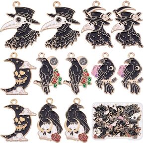 SUNNYCLUE 1 Box 24Pcs 6 Styles Halloween Charms Gothic Charm Black Raven Charms Bulk Moon Skull Rose Enamel Animal Bird Crow Horror Gothic Charms for Jewelry Making Charms Supplies Adult DIY Crafting