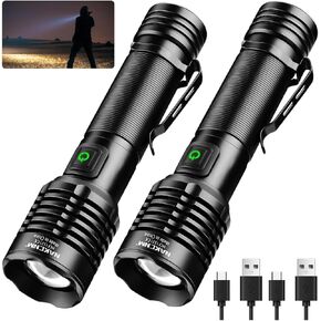 NAKCNM 2 Pack Rechargeable LED USB Flashlight Powerful Pocket-Sized Small Flashlights 2000 Lumen Super Bright Waterproof 4 Modes Adjustable Focus Flash Light for Outdoor Camping Hiking