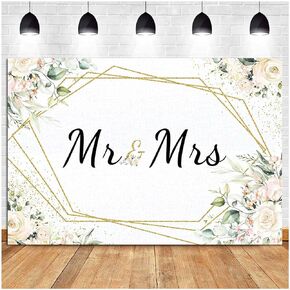 Mr & Mrs White Floral Bridal Shower Backdrop Mr Mrs Wedding Theme Photo Backgrounds 7x5ft Wedding Bride to Be Engagement Photography Backdrops Prom Party Banner Decor Party Banner Photo Booth Prop