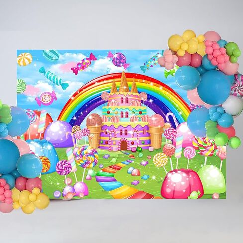 Mocsicka Sweet Candyland Backdrop Lollipop Sweetest Candy Theme Birthday Party Decoration for Girl Candy Ice Cream Castle Rainbow Party Banner Sweetest Day Wall Decorations(82''x60'') in Saudi Arabia