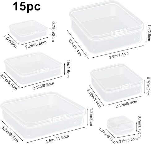 15 قطعة من حاويات التخزين الصغيرة، بأحجام مختلطة، صندوق حاويات تخزين بلاستيكي شفاف مستطيل صغير مع غطاء مفصلي للخرز، وتنظيم العناصر الصغيرة، والمشاريع الحرفية الأخرى in Kuwait