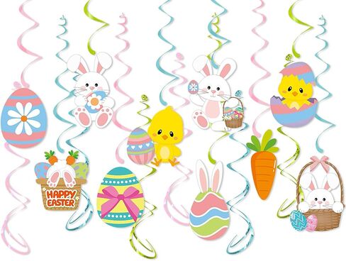 16 قطعة من دوامات عيد الفصح المعلقة، لا يمكنك صنعها بنفسك، بيض أرنب عيد الفصح، زينة سقف معلقة، لوازم حفلات عيد الفصح الربيعية، دوامات سقف من رقائق معدنية لامعة in Kuwait