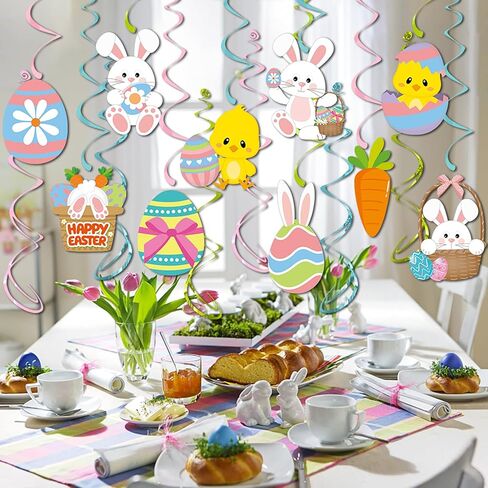 16 Pcs Easter Decorations Hanging Swirls, NO-DIY Easter Party Bunny Eggs Hanging Ceiling Decorations, Easter Spring Party Supplies Whirls Glitter Foil Ceiling Swirls in Kuwait