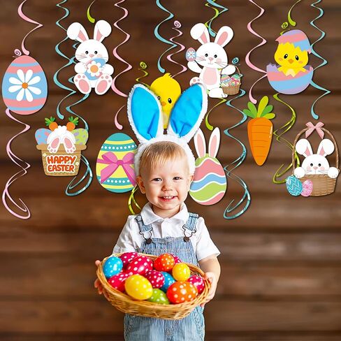 16 قطعة من دوامات عيد الفصح المعلقة، لا يمكنك صنعها بنفسك، بيض أرنب عيد الفصح، زينة سقف معلقة، لوازم حفلات عيد الفصح الربيعية، دوامات سقف من رقائق معدنية لامعة in Kuwait