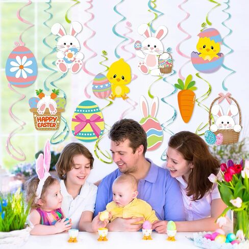 16 Pcs Easter Decorations Hanging Swirls, NO-DIY Easter Party Bunny Eggs Hanging Ceiling Decorations, Easter Spring Party Supplies Whirls Glitter Foil Ceiling Swirls in Kuwait