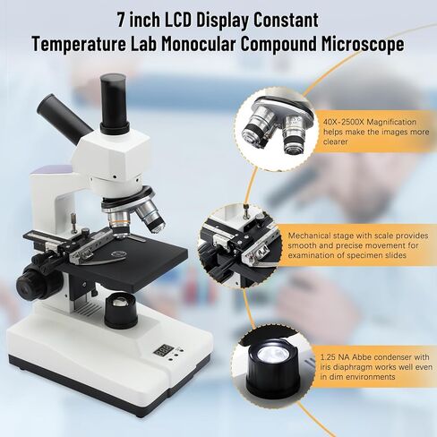 [درجة حرارة ثابتة] مجهر أحادي العين مركب ثنائي الرؤية من PRECIPETTE، تكبير 40X-2500X مع عدسة إلكترونية 5 ميجابكسل، شاشة LCD مقاس 7 بوصات، مرحلة ميكانيكية قابلة للتعديل، صندوق حمل من الألومنيوم in Kuwait
