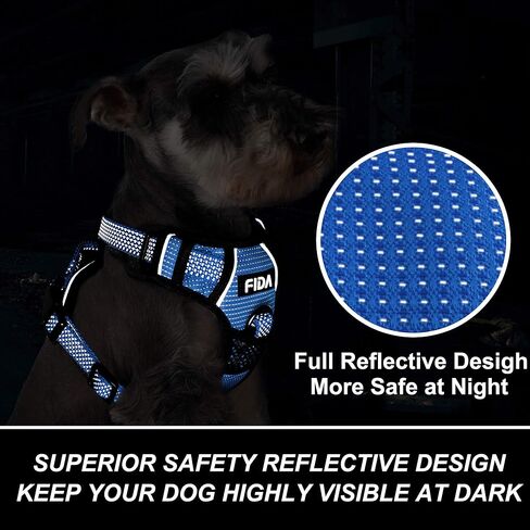 سرج Fida للكلاب بتصميم عاكس بالكامل، صدرية مضادة للسحب للحيوانات الأليفة مع مشبكين للمقود، مبطن ناعم قابل للتعديل مع مقبض تحكم سهل للكلاب الصغيرة (صغير، أزرق) in Kuwait