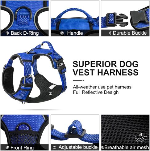 سرج Fida للكلاب بتصميم عاكس بالكامل، صدرية مضادة للسحب للحيوانات الأليفة مع مشبكين للمقود، مبطن ناعم قابل للتعديل مع مقبض تحكم سهل للكلاب الصغيرة (صغير، أزرق) in Kuwait