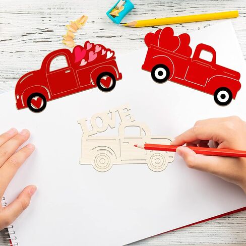 32 Pieces Valentines Day Truck Cutout Unfinished Wood Slices Holiday Unpainted Wooden Truck Cutout Door Hangers Truck Shape Cutout for Valentine Party Decorations DIY Art Crafts Painting Supplies in Saudi Arabia